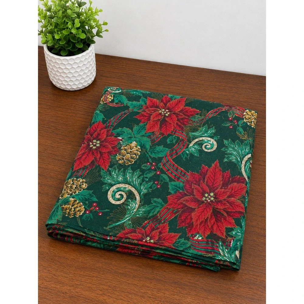 Vintage Christmas Poinsettia Plaid Ribbon Green Tablecloth 60x84 Rectangular